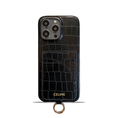 Custodia per iPhone Celine con stampa alligatore e porta carte e cinturino nero -EYP241415 