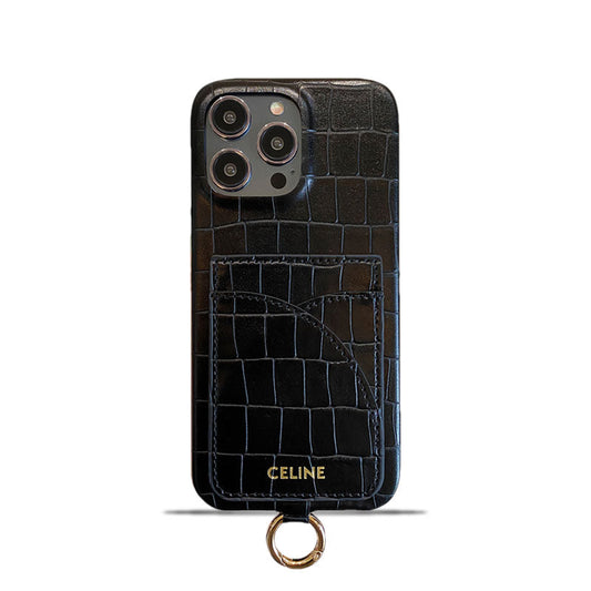 Alligator Print Celine iPhone Case With Card Holder And Strap Blcak -EYP241415