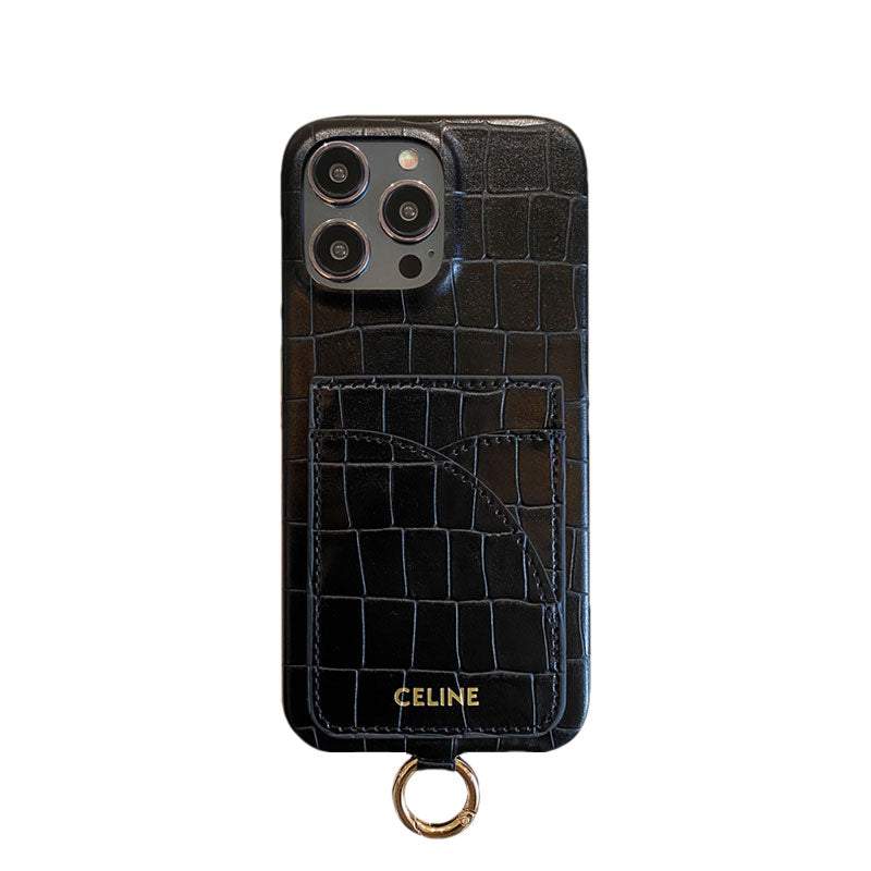 Alligator Print Celine iPhone Case With Card Holder And Strap Brown -EYP241415