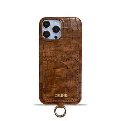 Custodia per iPhone Celine con stampa alligatore, porta carte e cinturino marrone -EYP241415 