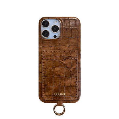 Custodia per iPhone Celine con stampa alligatore, porta carte e cinturino marrone -EYP241415 