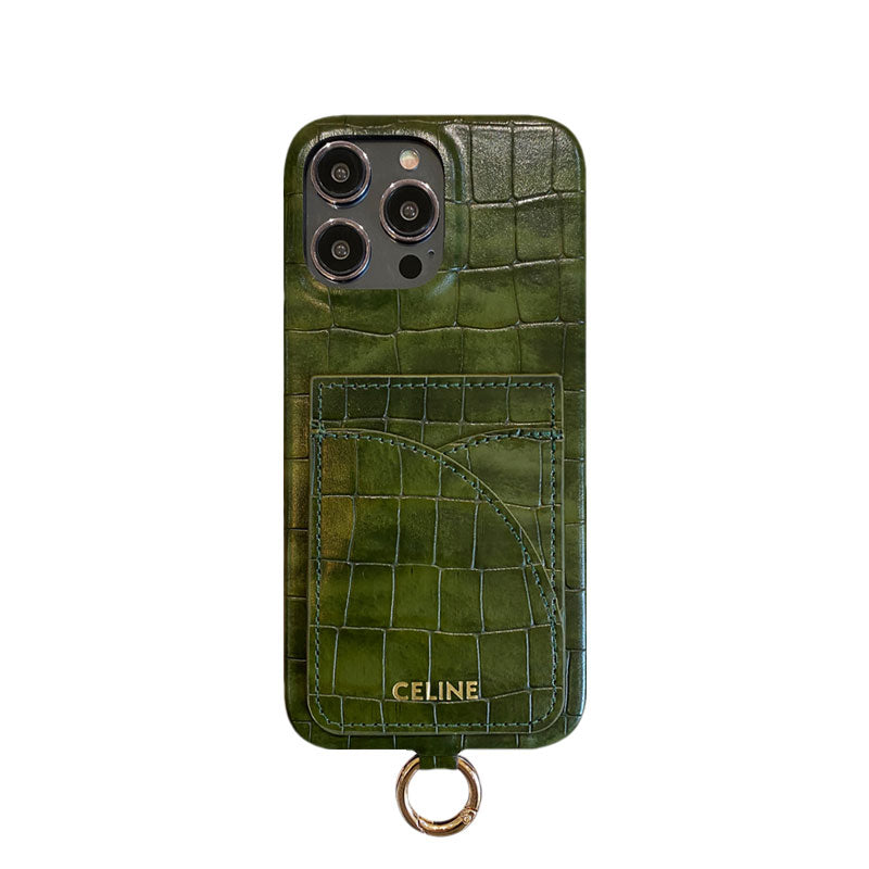 Alligator Print Celine iPhone Case With Card Holder And Strap Green -EYP241415