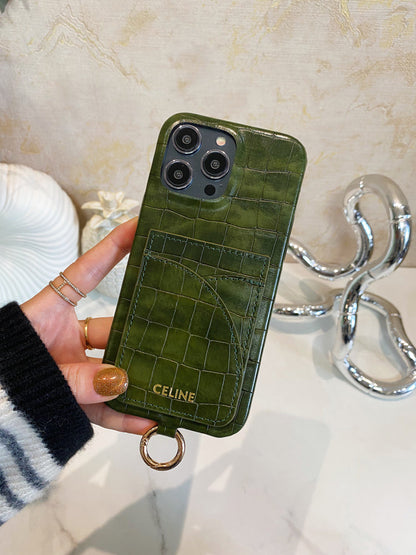 Custodia per iPhone Celine con stampa alligatore, porta carte e cinturino, verde -EYP241415 