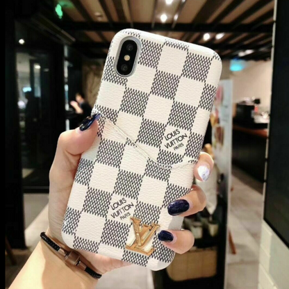 Checkered Leather Cardholder iPhone Case - White