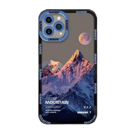 Custodia per iPhone con luna di montagna innevata blu 